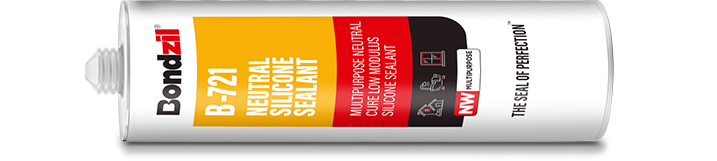 Bondzil B-721 neutral silicone sealant cartridge for sanitary applications, panel stiffener, construction materials including glass, aluminium, steel, granite, concrete, briick and plastic